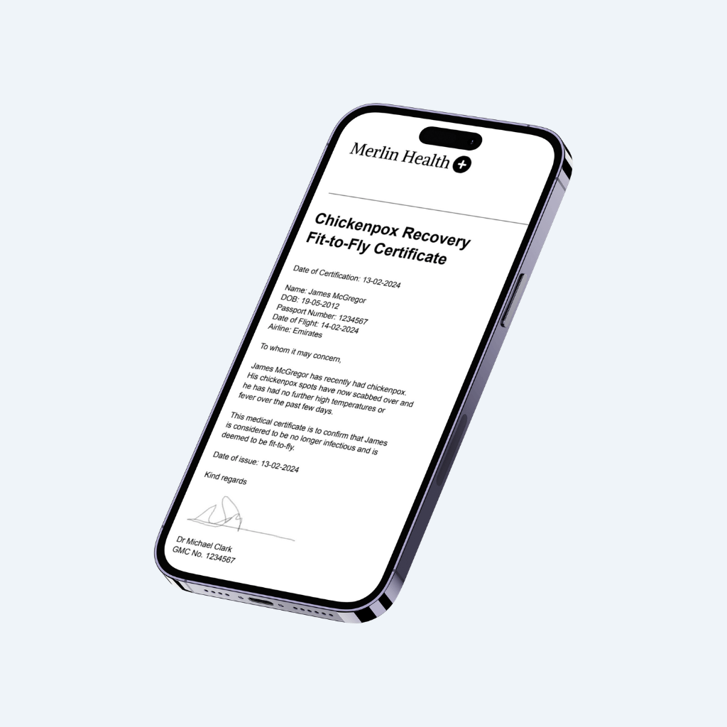 Mobile phone displaying a chickenpox fit to fly certificate from Merlin Health, providing customers with the necessary documentation for safe travel after chickenpox. Easily obtain your fit to fly certificate for chickenpox through our convenient online service.