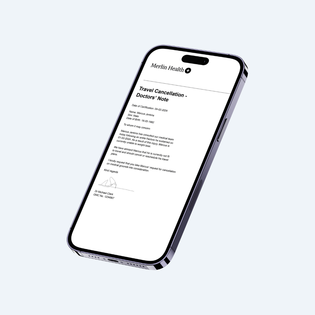 Close-up of an iPhone screen displaying a detailed doctor’s note for travel cancellation from Merlin Health. The digital document is an unfit to fly certificate, also known as an unfit to travel certificate, showing the essential information for cancelling travel due to medical reasons.