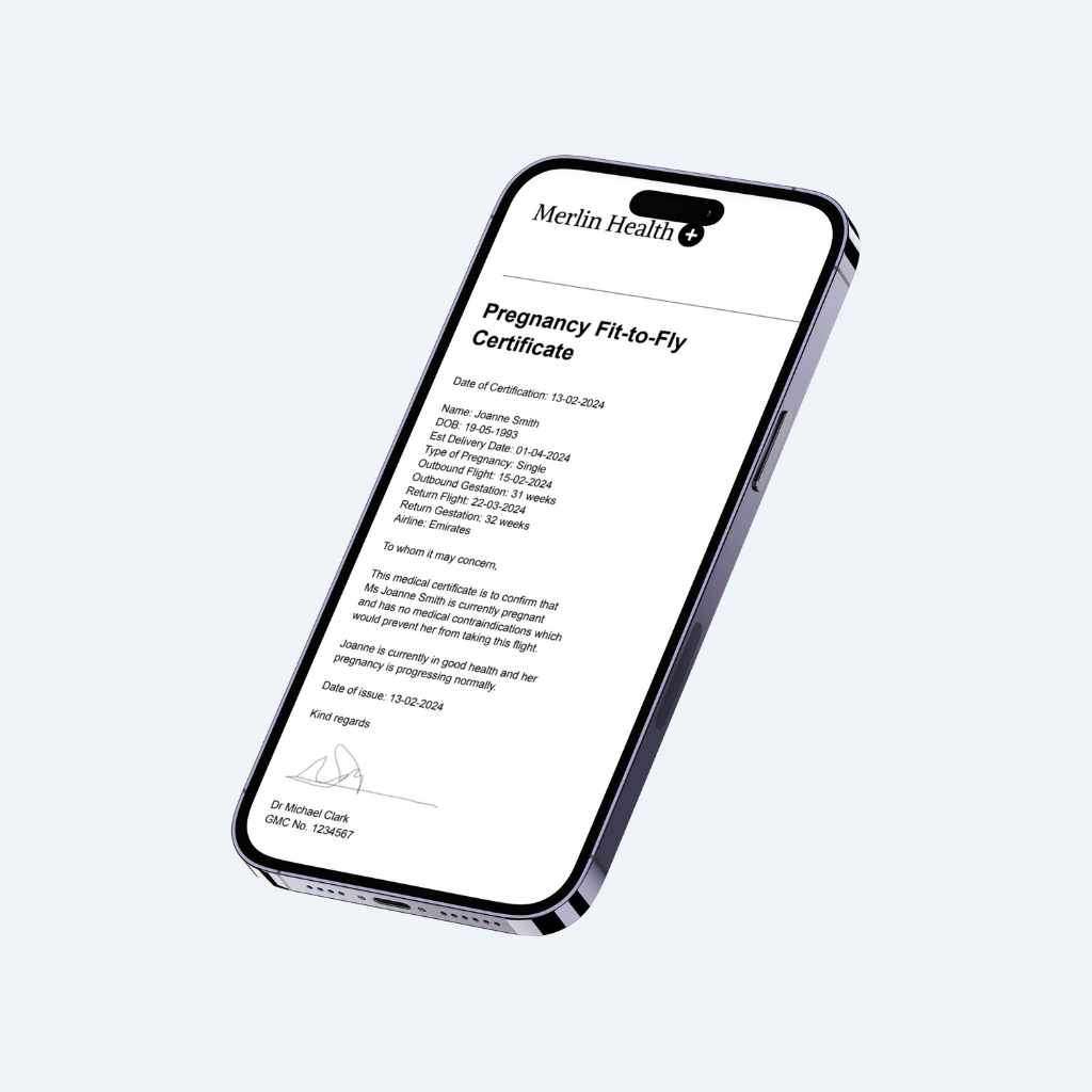 'Mockup of a mobile phone displaying a Fit to Fly Certificate Pregnancy that is issued online by Merlin Health. The certificate includes essential details such as the pregnant person's name, due date, and confirmation that they are fit to travel by air. Ideal for pregnant travelers needing documentation for airlines'