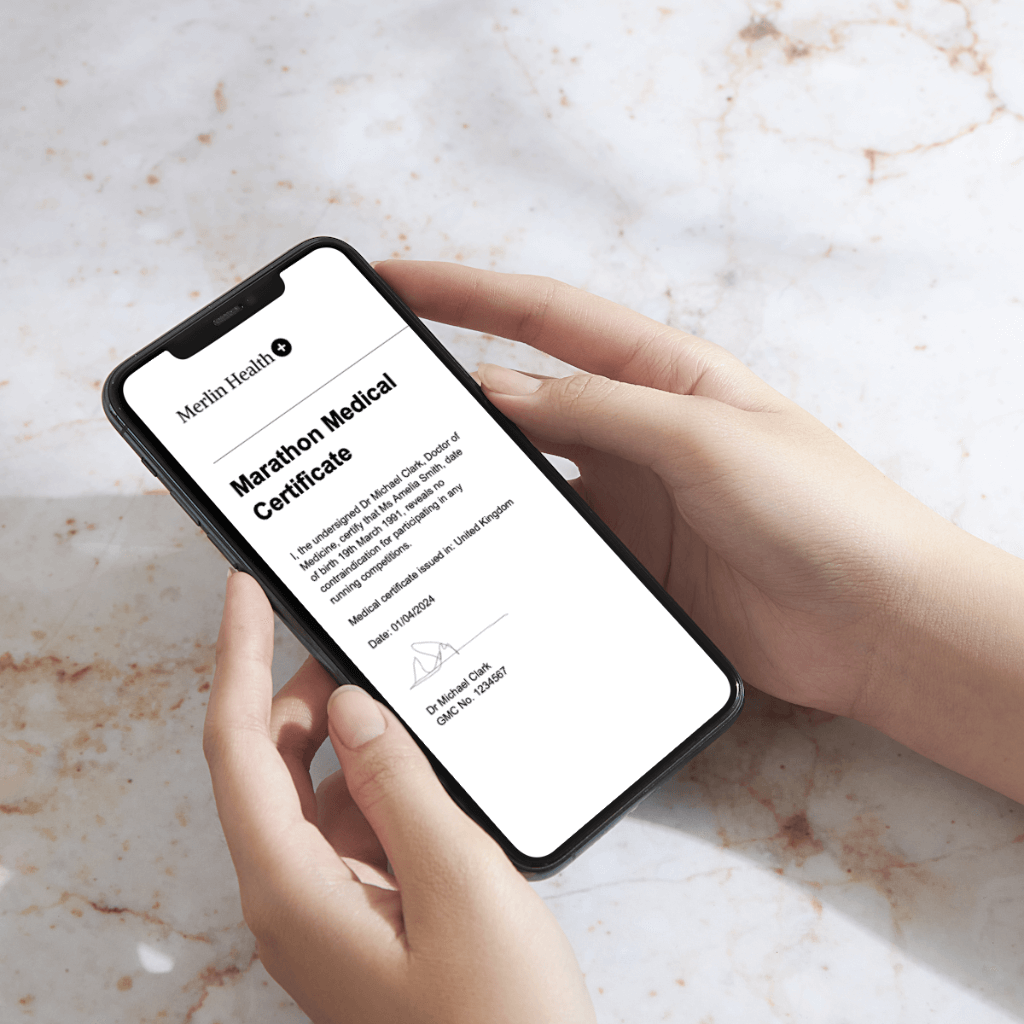 Mobile phone displaying a digital sports medical certificate, offering an easy way to obtain a medical certificate for sports. This sports medical certificate ensures athletes meet fitness requirements for participation. Convenient and verifiable, Merlin Health provides sports medical certificates for all sporting activities.