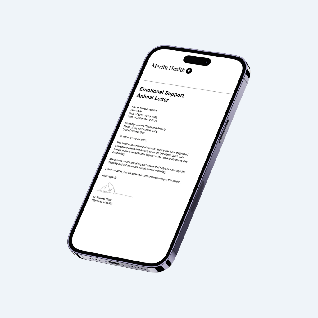 Mobile phone showcasing Merlin Health's official doctor's emotional support animal letter, tailored for individuals needing certification for travel, housing, and emotional support accommodations. The image highlights the ease and convenience of obtaining same-day, online medical certificates from licensed doctors through Merlin Health's user-friendly digital platform.