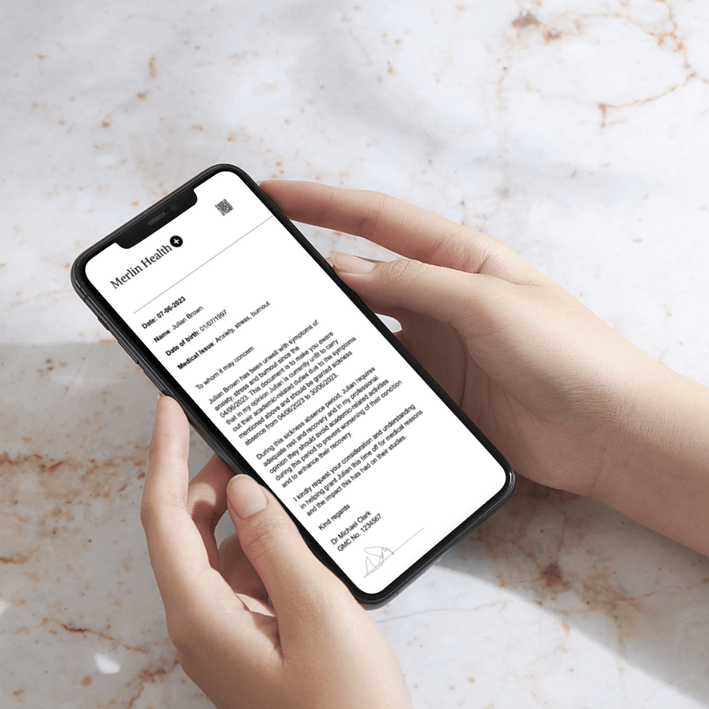 Person holding an iPhone showing a same-day digital doctor’s note for university from Merlin Health, a private UK medical service, featuring a GP letter for university sick leave or extenuating circumstances, issued by UK-registered doctors.