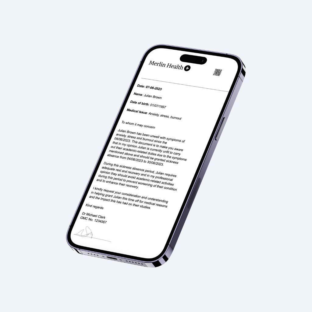 iPhone displaying a digital doctor’s note for university from Merlin Health, same-day GP medical letter for sick leave, approved by UK-registered doctors, ideal for university sick note or extenuating circumstances.