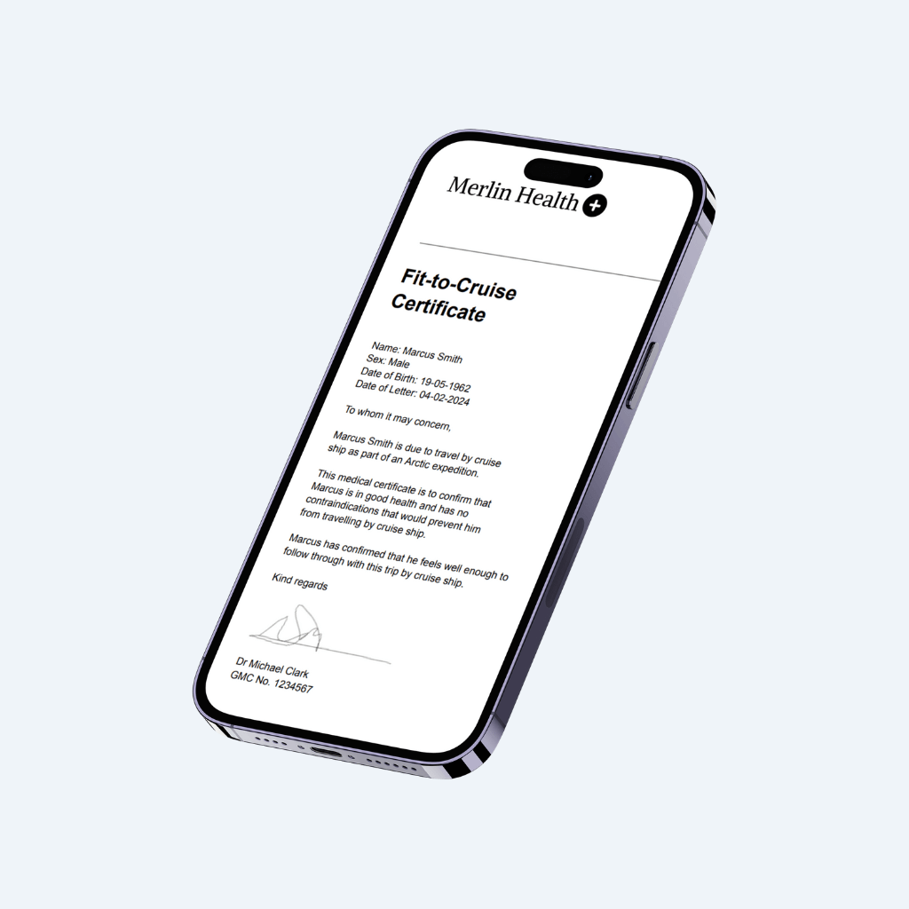 Mobile phone displaying a fit to cruise medical certificate issued by Merlin Health. Same-day online service providing certified medical certificates for cruise travel, meeting cruise company health requirements.