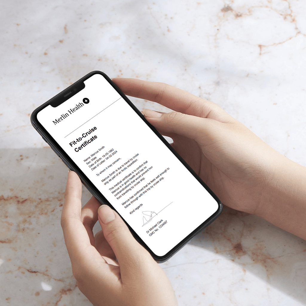 Person holding a mobile phone displaying a fit to cruise medical certificate from Merlin Health. Same-day, online medical certificate service for cruise travel health requirements.
