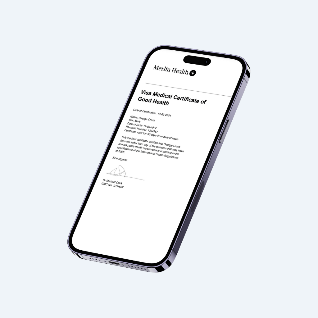 Mobile phone displaying an official Thailand visa medical certificate, including work permit medical details. Issued by FCDO and GMC-registered doctors, this digital certificate confirms good health for Thailand visa and work permit applications. Fast, online service provided by Merlin Health.