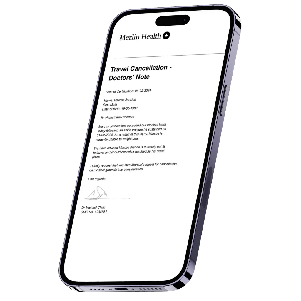 An example of a Not Fit to Fly Certificate, also known as an Unfit to Fly Certificate or Not Fit to Travel Letter, issued by a UK, GMC-registered doctor at Merlin Health.