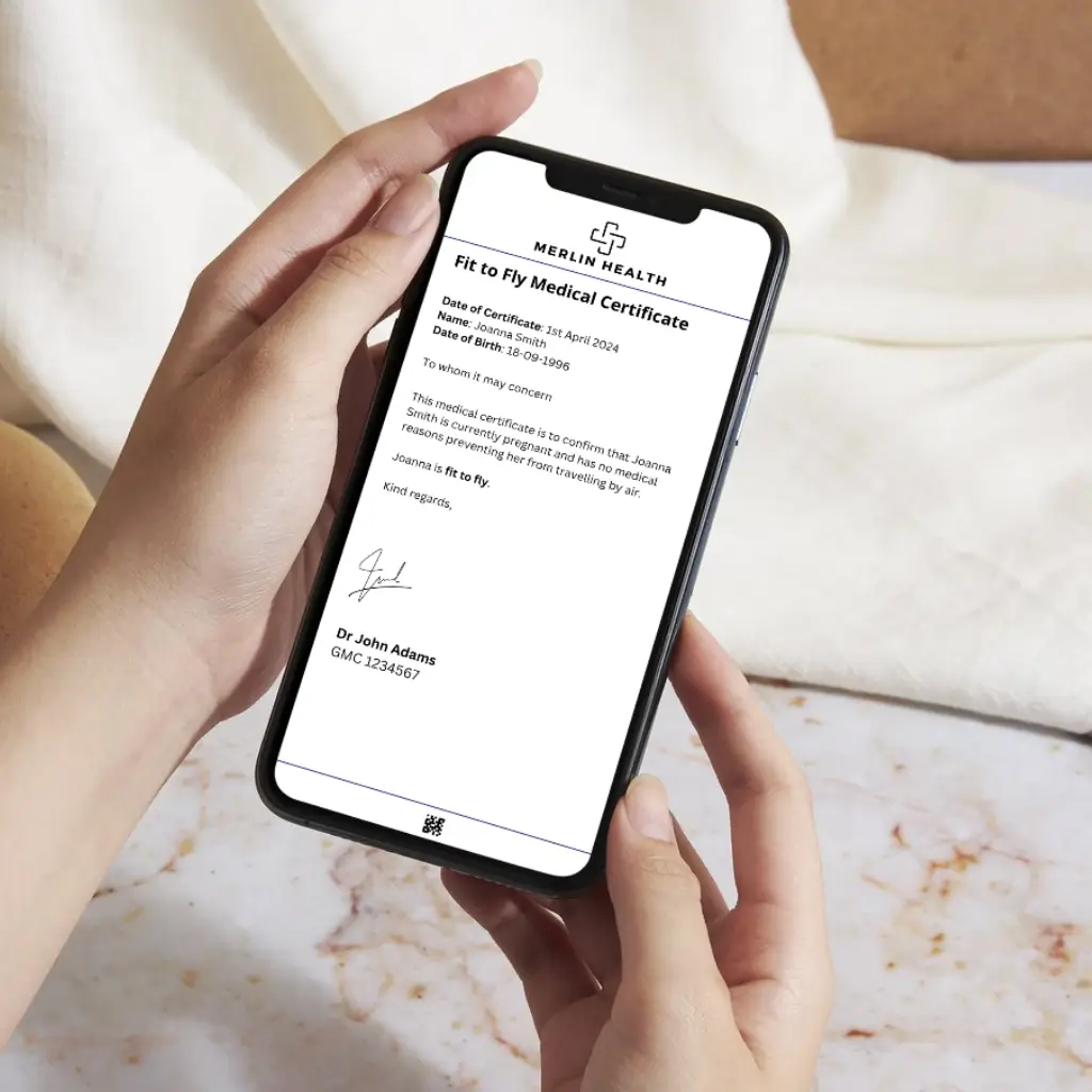 An example of a pregnancy fit to fly certificate, issued by a UK GMC-registered doctor at Merlin Health - a provider of medical certificates and doctor's letters in the UK.